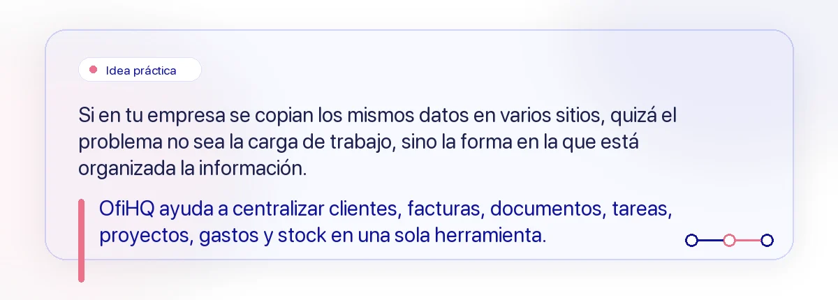 OfiHQ centraliza clientes, facturas, documentos, tareas, proyectos, gastos y stock